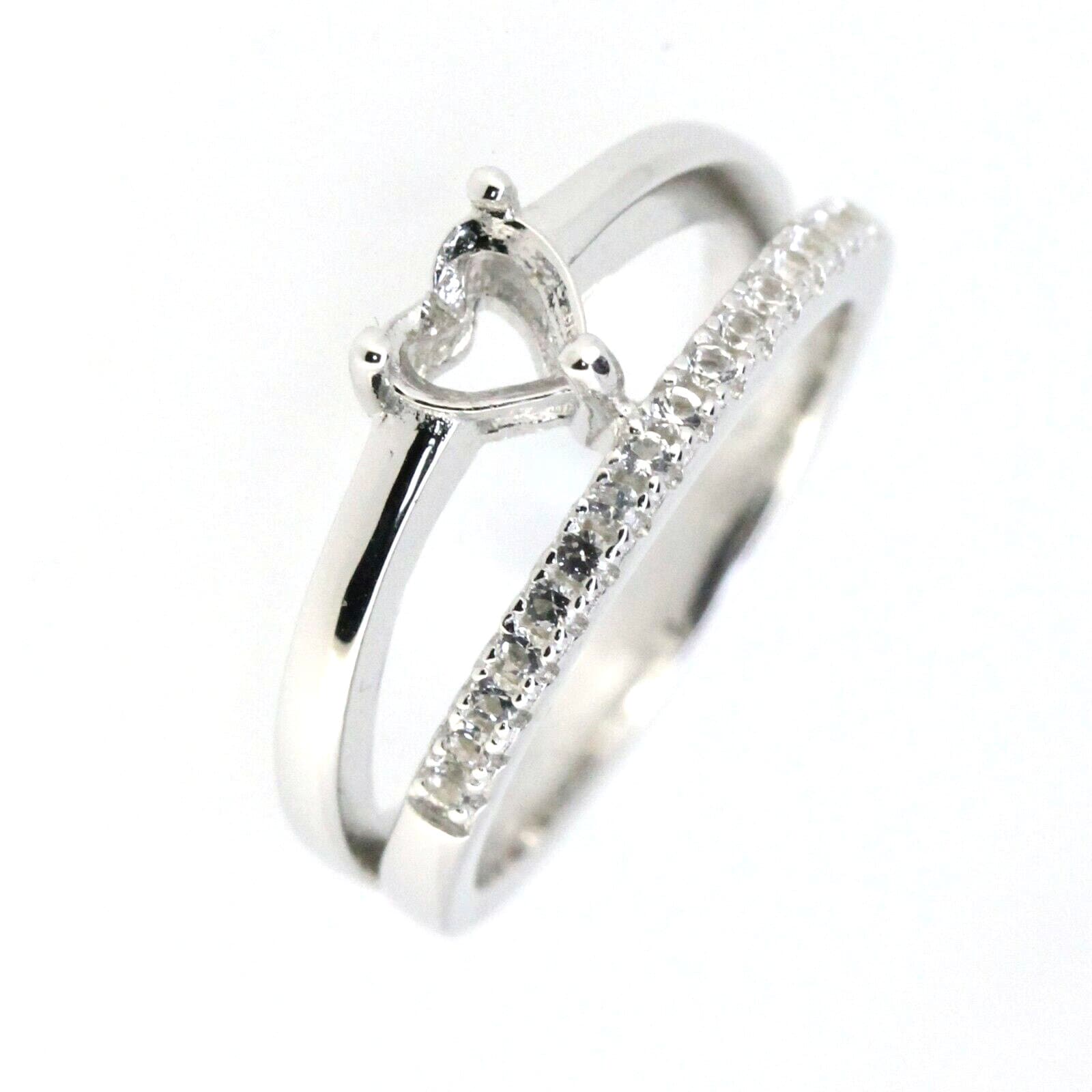 Sterling Silver Semi Mount Ring Setting with Heart Design and White Topaz Accents, perfect for customizable gemstone options.