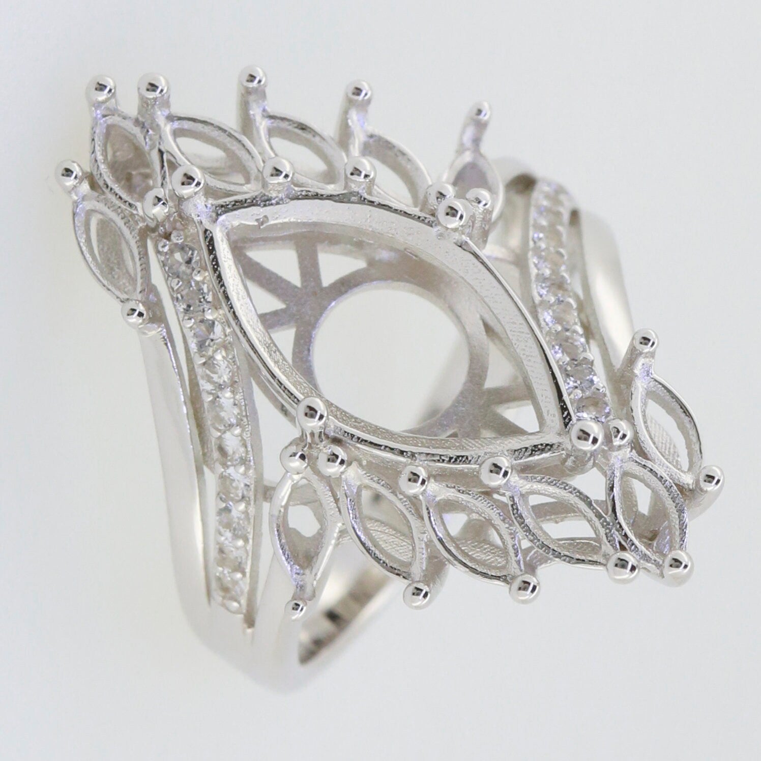 Sterling Silver Semi Mount Ring Setting with intricate design for multiple stones featuring White Topaz accents.