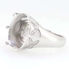 Sterling Silver Semi Mount Ring Setting with intricate floral design, ideal for oval gemstones 16x12mm.