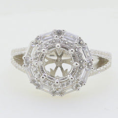 Sterling Silver Semi Mount Ring Setting with Double Halo Baguette Design, Round 8x8mm, Contemporary Style