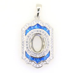 Sterling Silver semi mount pendant setting with oval cut, halo baguette Created Corundum and White Topaz gemstones.