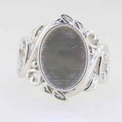 Sterling silver semi mount ring setting with intricate Art Nouveau design, featuring an oval cabochon space.