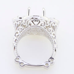 Sterling silver semi mount ring setting for oval 14x10mm cabochon gemstone, featuring intricate design and filigree details.