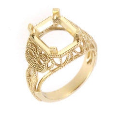 Art Deco style semi mount ring setting in gold with intricate detailing and a square center for gemstones.