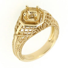 Sterling silver semi mount ring setting with intricate Art Deco design and round gemstone placeholder.