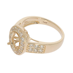 14K gold semi mount ring setting with halo and round white gemstones ready for gemstone placement.