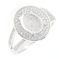 Sterling Silver Semi Mount Ring Setting with White Topaz halo and split shank, designed for an oval 10x8mm gemstone.