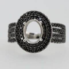 Sterling silver semi mount ring setting with black spinel double halo and an oval center for main gemstone