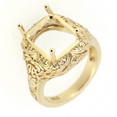 Art Deco style sterling silver semi mount ring setting with ornate detailing, featuring a square stone holder.
