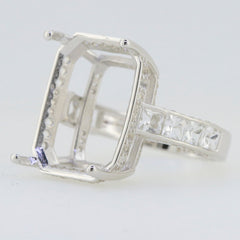 Sterling silver semi mount ring setting with princess shape accent and white topaz, 20x12mm size preparation.
