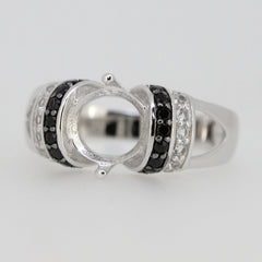 Sterling silver semi mount ring setting with round black spinel and white topaz accents, designed for customizable sizes.