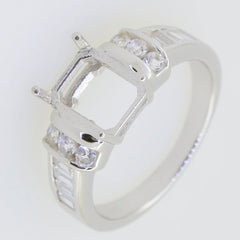 Sterling silver semi mount ring setting with baguette stones for 9x7mm emerald, crafted to order with no stock kept.