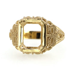 Art Deco style sterling silver semi mount ring setting, featuring an octagonal placeholder for an emerald gemstone.