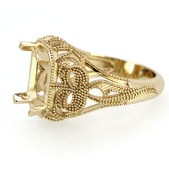 Sterling Silver semi mount ring setting with intricate Art Deco design, suitable for an emerald, 10x8mm gemstone.