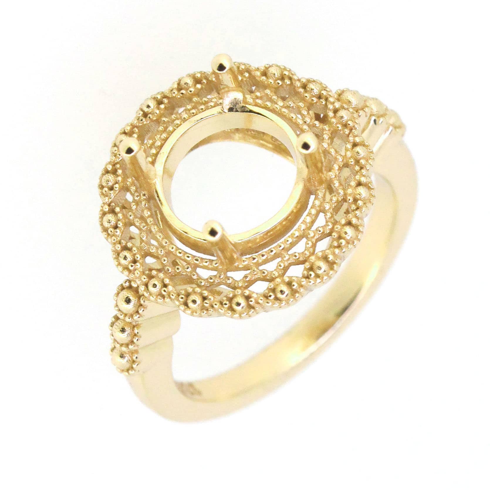 Art Deco style sterling silver semi mount ring setting with intricate details, designed for a 9x9mm round gemstone.