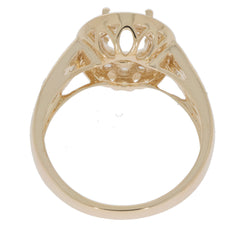 Sterling Silver semi mount ring setting, oval design for 8x6mm gemstone, featuring a halo style and intricate detailing.