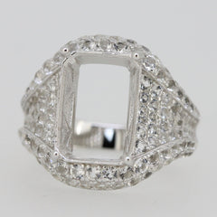 Sterling silver semi mount ring setting with white topaz accents, for emerald stone 14x10mm in double halo style.