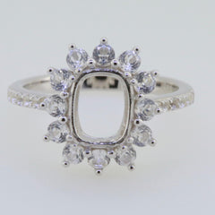 Sterling Silver Semi Mount Ring Setting with Cushion 9x7mm Halo and White Topaz Accents ready for customization.