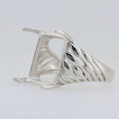 Sterling Silver semi mount ring setting with intricate band design for 14x12mm cabochon gemstone.
