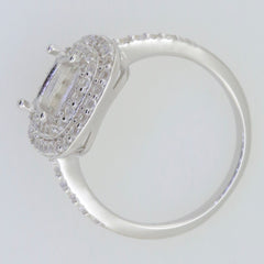 Sterling silver semi mount ring setting with double halo and white topaz accents, designed for a 9x7mm cushion stone.