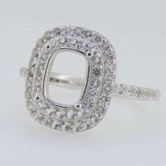 Sterling Silver semi mount ring setting with double halo and white topaz accents, cushion shape. Perfect for custom sizing.