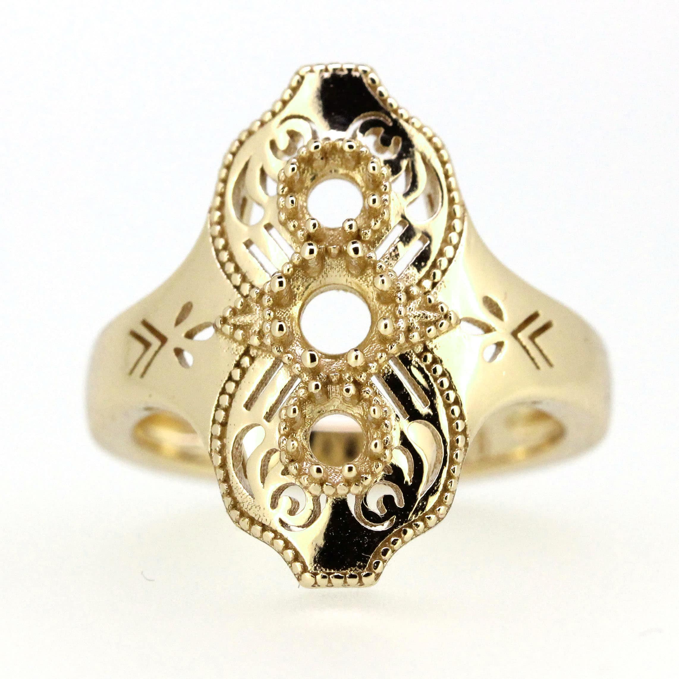 Sterling Silver Art Deco Semi Mount Ring Setting with intricate design for 3 stones, 4x4mm and 3x3mm gemstone options.