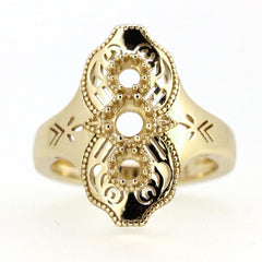 Sterling Silver Art Deco Semi Mount Ring Setting with intricate design for 3 stones, 4x4mm and 3x3mm gemstone options.