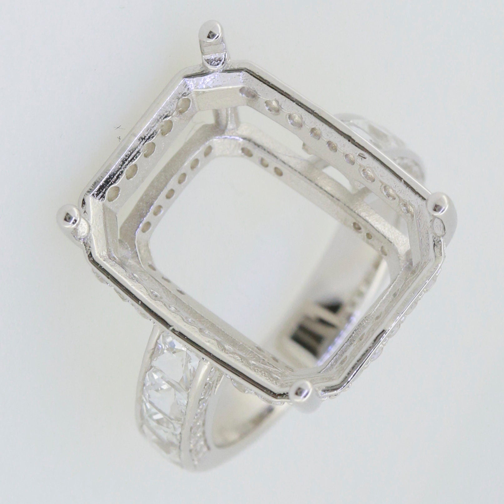 Sterling Silver Semi Mount Ring Setting with Princess Shape Accent for gemstones, customizable sizes, ideal for personalized jewelry.