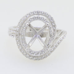 Sterling silver semi mount ring setting with oval double halo and white topaz, customizable size option.