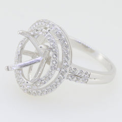 Sterling silver semi mount ring setting with double halo and white topaz gemstones for oval 11x9mm stone.
