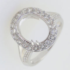Sterling silver semi mount ring setting with halo of moissanite accents, designed for oval stones, split shank style.