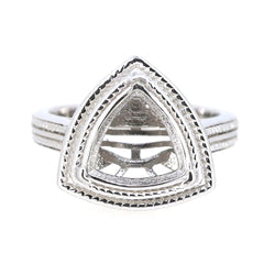Sterling Silver Semi Mount Ring Setting with Triangular 11x11mm design and Milgrain details, vintage style for small gemstones.