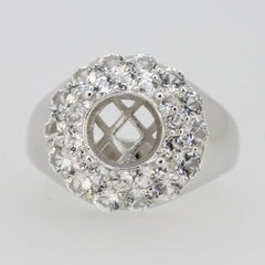 Sterling silver semi mount ring setting with round 8x8mm double halo and white topaz accents, beautifully designed.