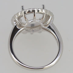 Sterling silver semi mount ring setting, oval halo style, designed for 14x12mm gemstone with Moissanite accents.