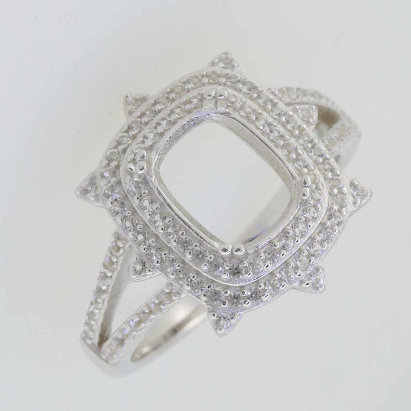 Sterling Silver Semi Mount Ring Setting with Double Halo and Moissanite Accents, 9x7mm Cushion Size.