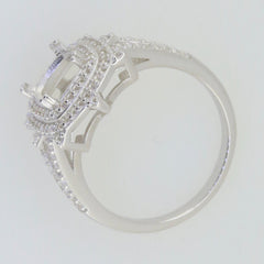 Sterling Silver Semi Mount Ring Setting with Double Halo, featuring Moissanite accents, Cushion cut, Split Shank design.