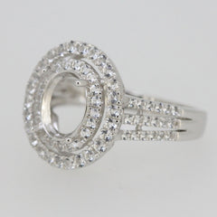 Sterling Silver Semi Mount Ring Setting with oval halo design and White Topaz accent, prepared to order.