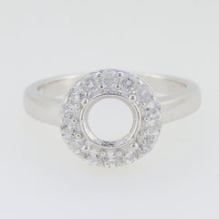 Sterling Silver semi mount ring setting with round halo and D color Moissanite accents. Perfect for custom engagement rings.