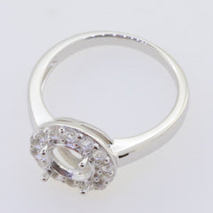 Sterling Silver Semi Mount Ring Setting with Round Halo and Moissanite Accents, 7x7mm design, elegant and customizable.