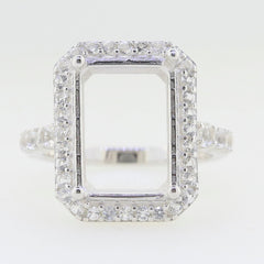 Sterling Silver Semi Mount Ring Setting with Double Halo White Topaz Accent, ready for custom stone placement.