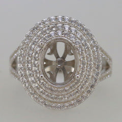 Sterling Silver Semi Mount Ring Setting with Oval Triple Halo of White Topaz gemstones, crafted for custom fit.