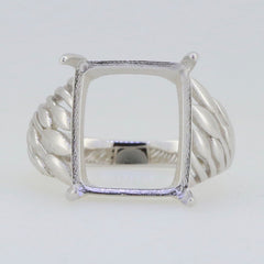 Sterling silver semi mount ring setting with cushion cut for 14x12mm cabochon gemstone display.