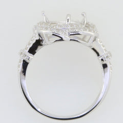 Sterling silver semi mount ring setting with trillion halo for 8x8mm gemstone, featuring White Topaz accents.