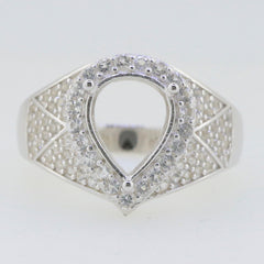 Sterling Silver Semi Mount Ring Setting with Pear Halo and Moissanite Accents, suitable for 10x8mm gemstone.
