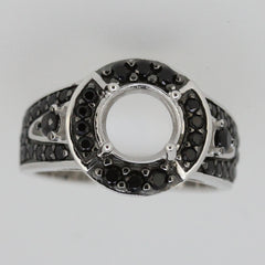 Sterling silver semi mount ring setting with halo design and black spinel accents, featuring an empty round center for personalization.