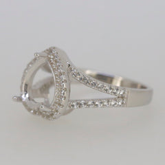 Sterling Silver semi mount ring setting with white topaz accent, featuring a heart halo and band, made to order.