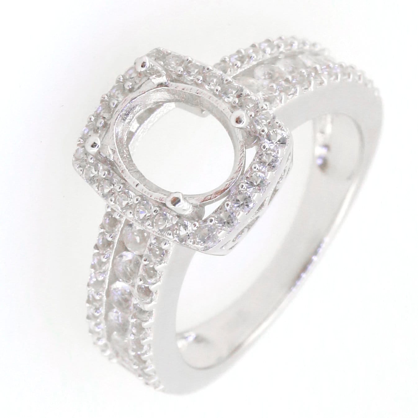 Sterling Silver Semi Mount Ring Setting with White Topaz accents, oval centerpiece 9x7mm, elegant halo design.