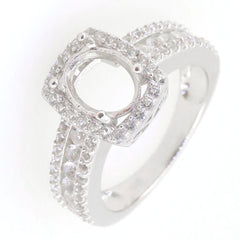 Sterling Silver Semi Mount Ring Setting with White Topaz accents, oval centerpiece 9x7mm, elegant halo design.