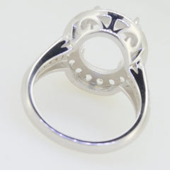 Sterling Silver Semi Mount Ring Setting with oval halo for moissanite accent gemstones, split shank design.