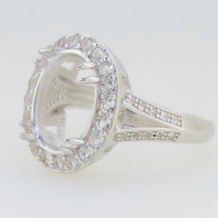 Sterling Silver Semi Mount Ring Setting with Halo and Moissanite Accent, Oval Center Stone Space, Split Shank Design.